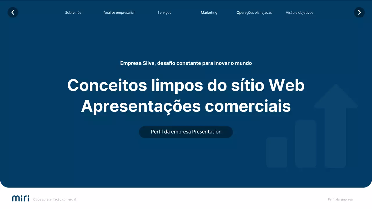Perfil da empresa num sítio Web simples em branco e azul-marinho