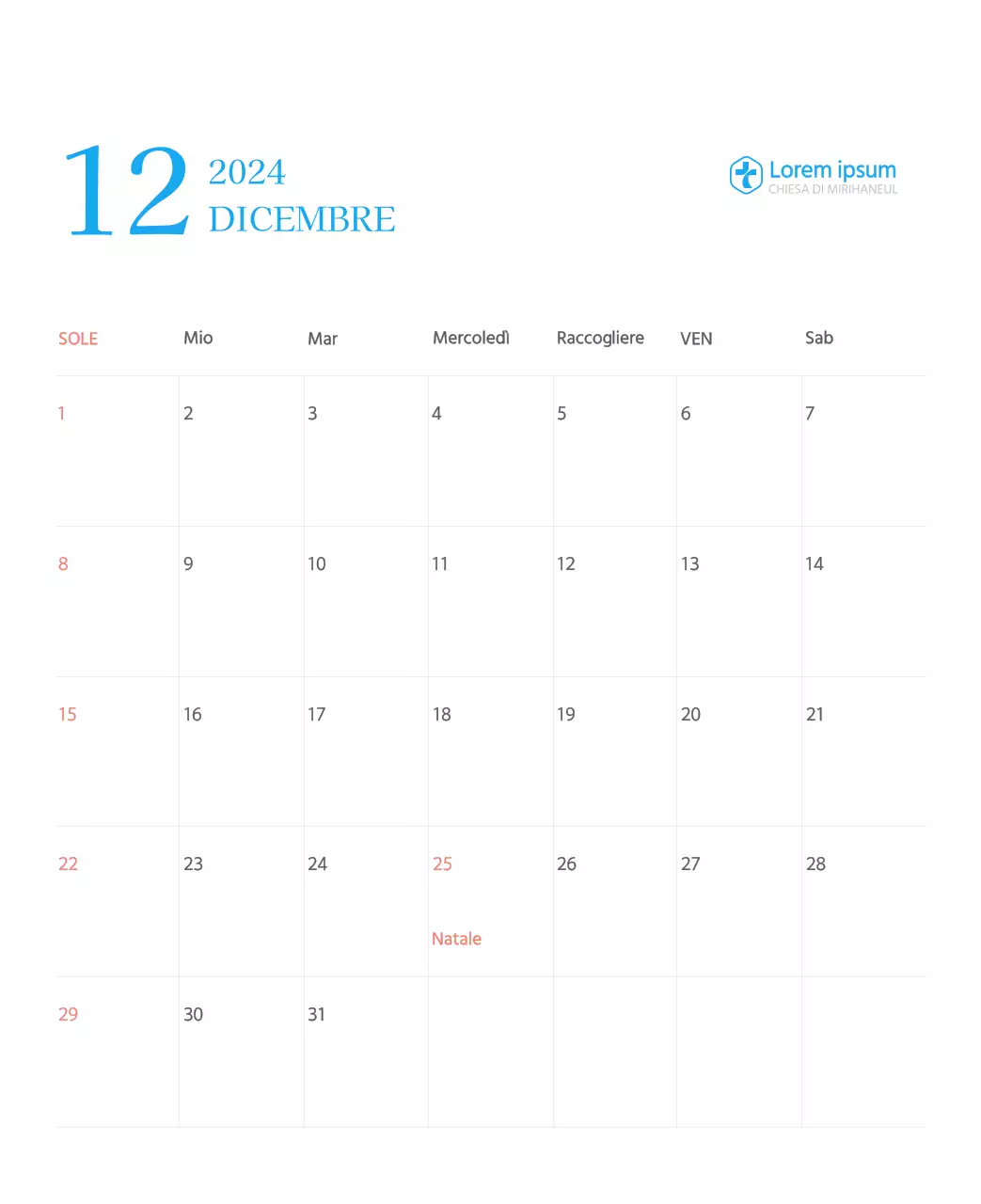 Calendario ecclesiastico blu di concezione moderna