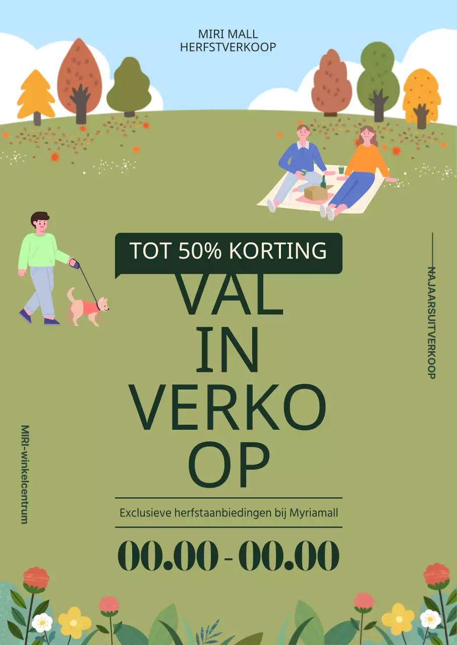 Kortingen op winkelen in de herfst worden benadrukt door illustraties van mensen die picknicken in herfstige bloemenvelden.