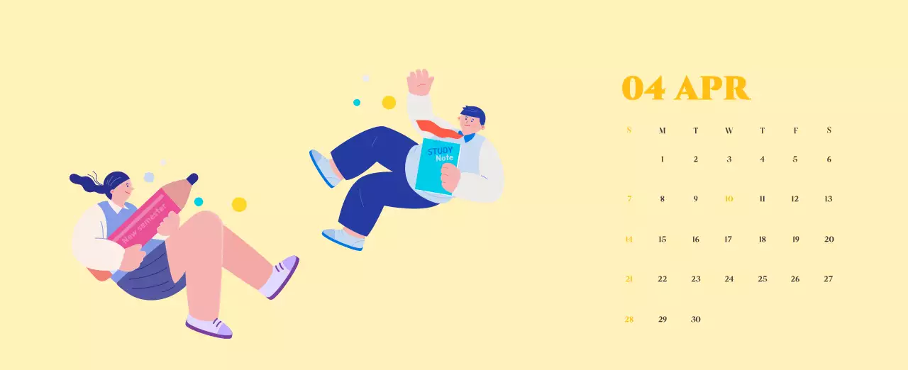 Calendario con illustrazioni giovanili su sfondo giallo e verde