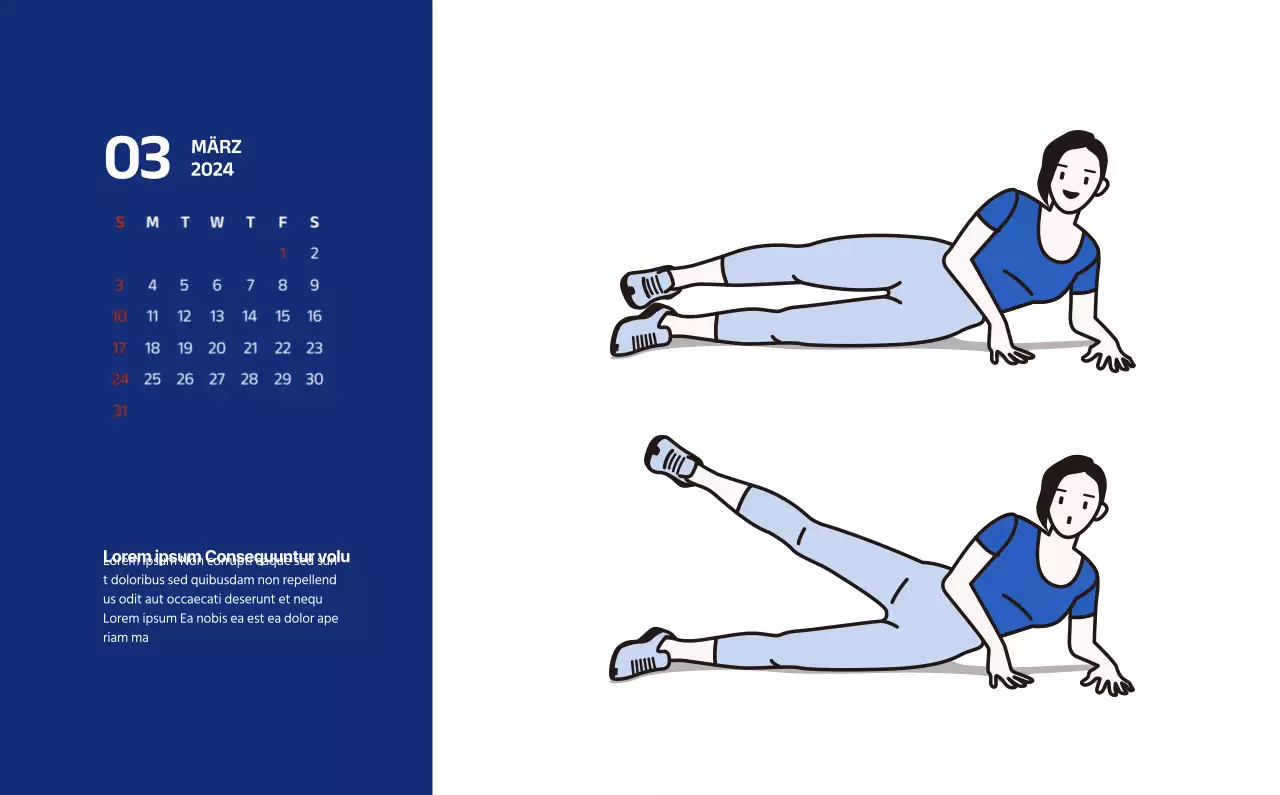 Einfacher Kalender mit klaren Illustrationen in Blau