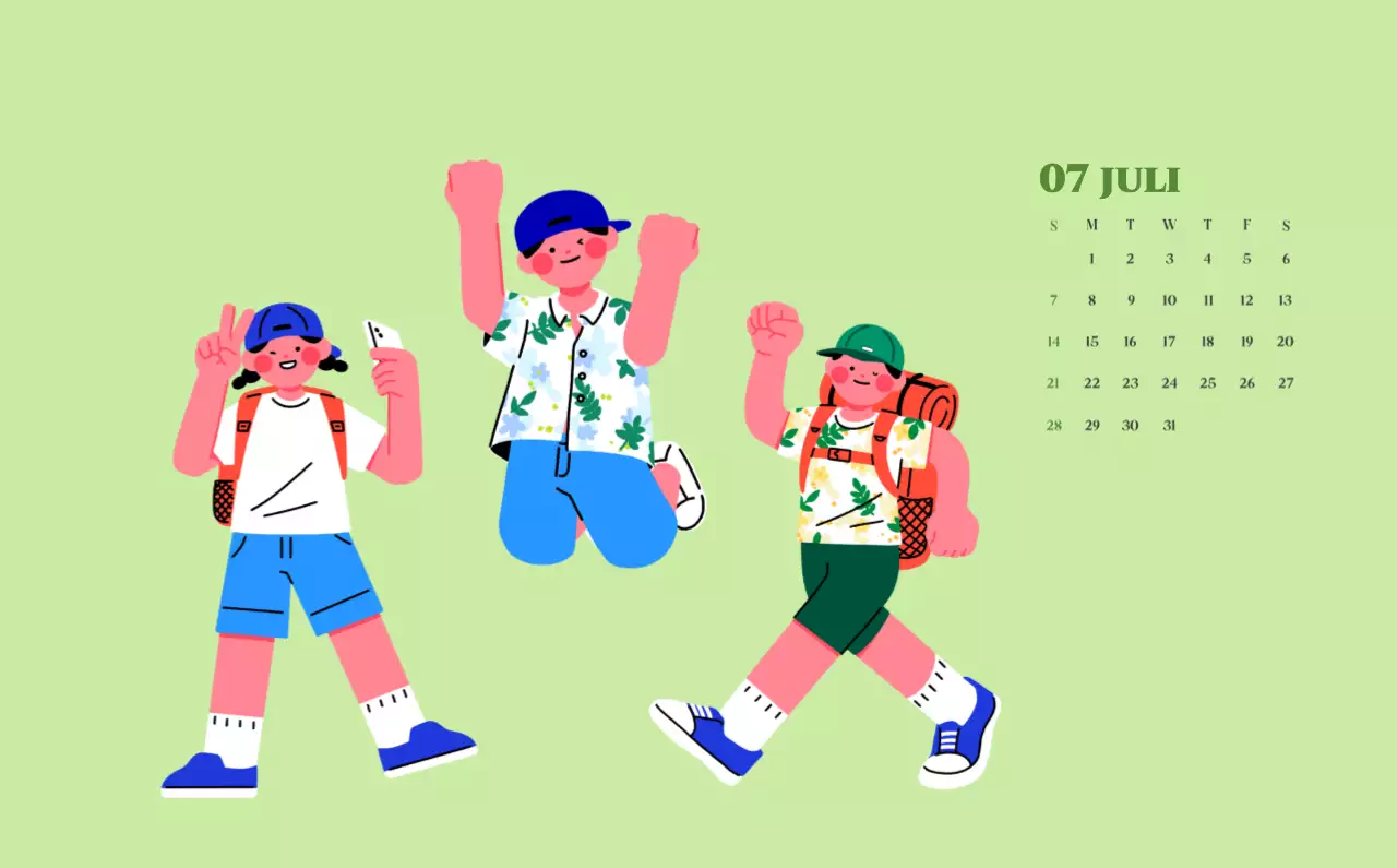 Kalender met jeugdillustraties op een gele en groene achtergrond