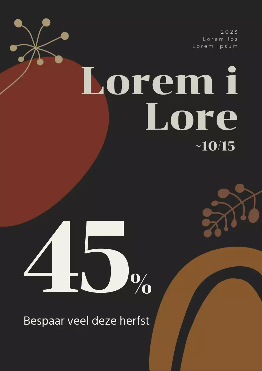 Herfstpromotie die een korting benadrukt met bruine herfstachtige grafische elementen op een zwarte achtergrond