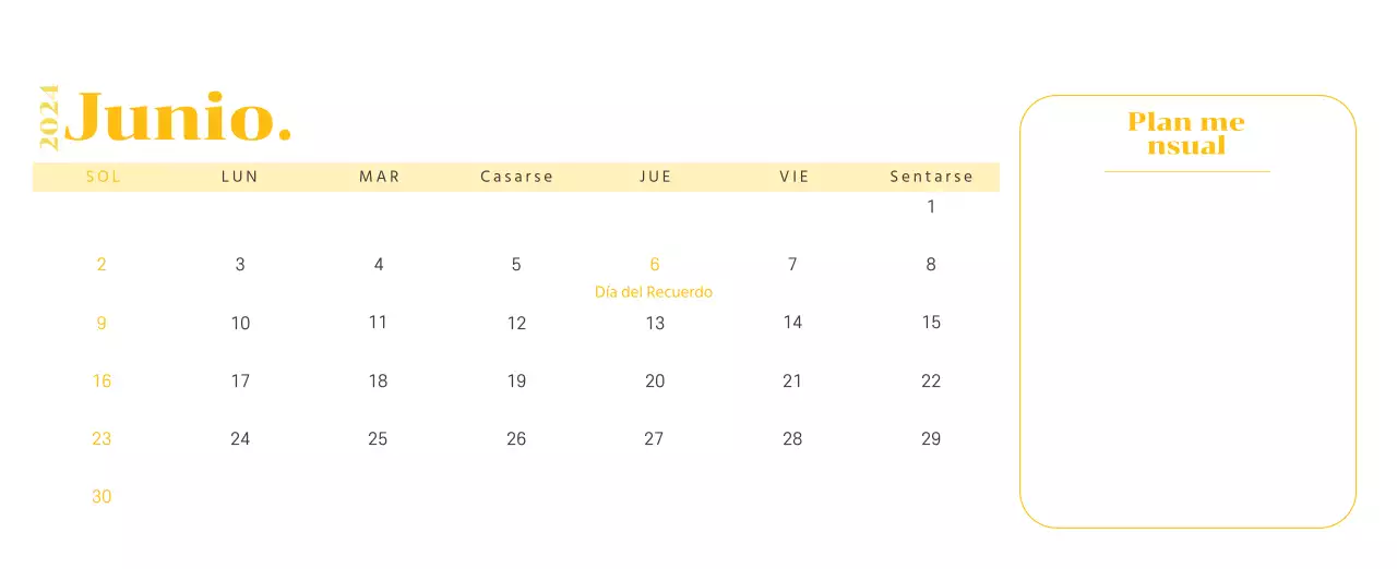Calendario con ilustraciones juveniles sobre fondo amarillo y verde