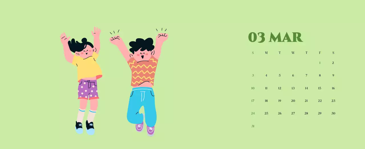 Calendario con ilustraciones juveniles sobre fondo amarillo y verde