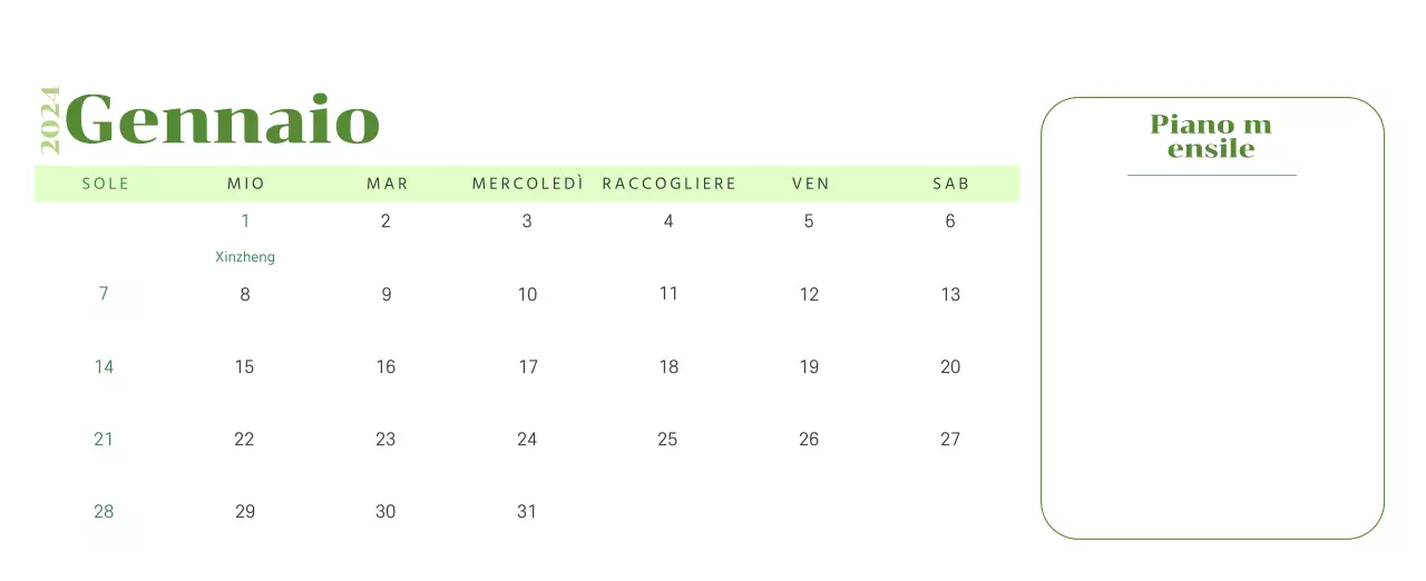Calendario con illustrazioni giovanili su sfondo giallo e verde