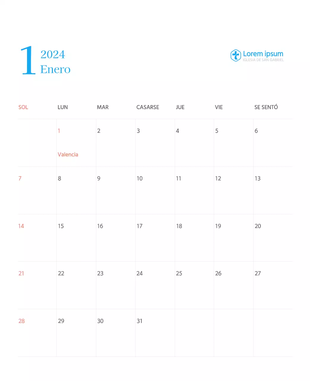 Calendario eclesiástico azul de concepto moderno