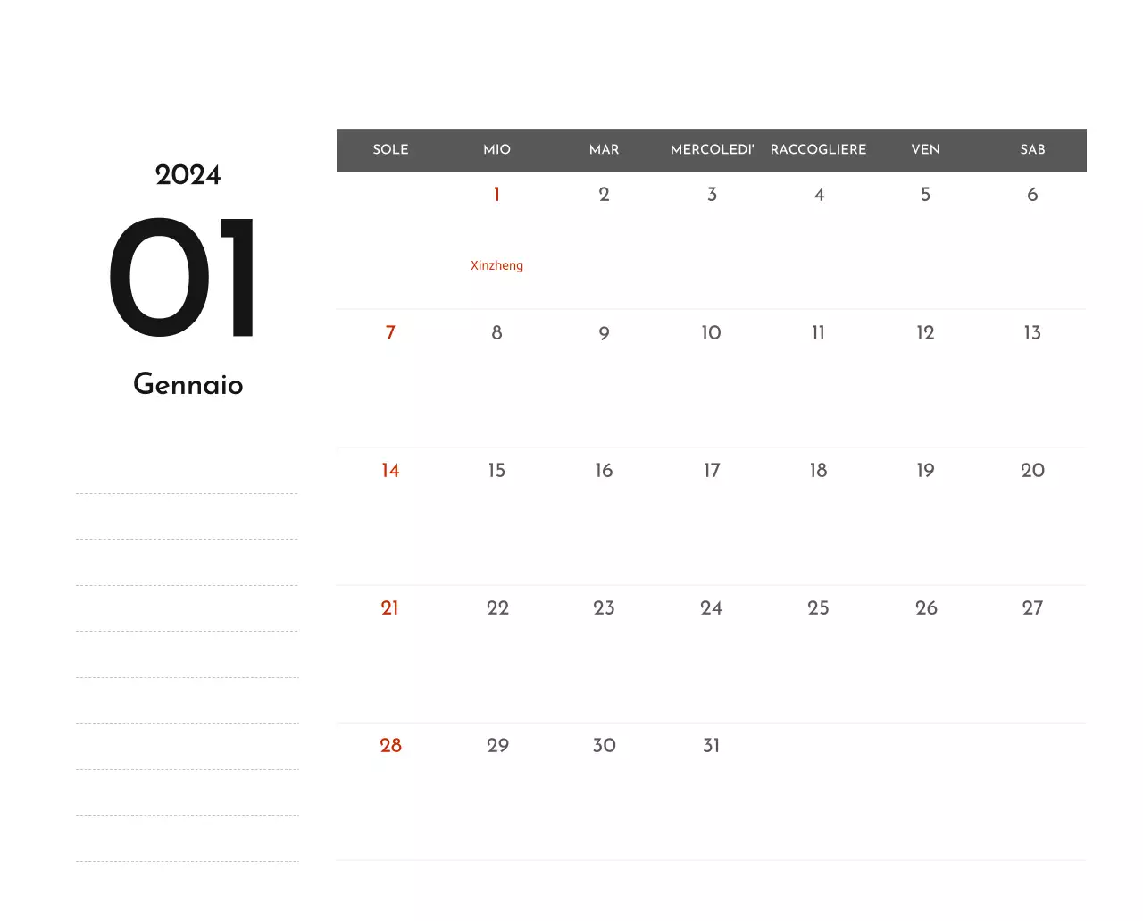 Un semplice calendario aziendale in grigio