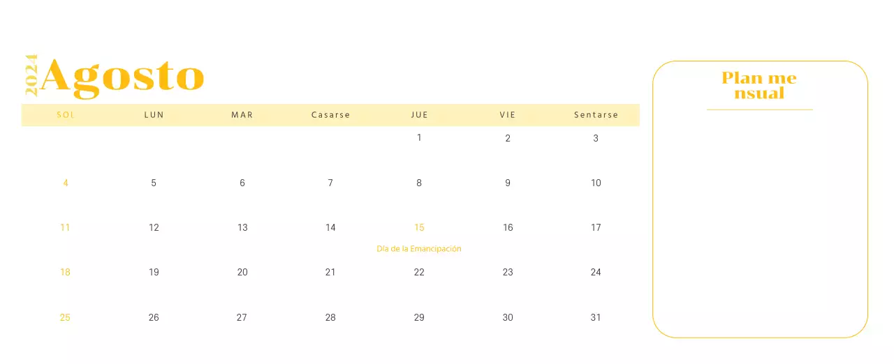 Calendario con ilustraciones juveniles sobre fondo amarillo y verde