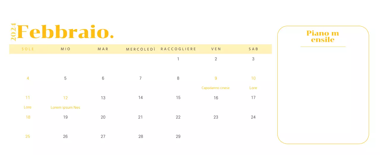 Calendario con illustrazioni giovanili su sfondo giallo e verde