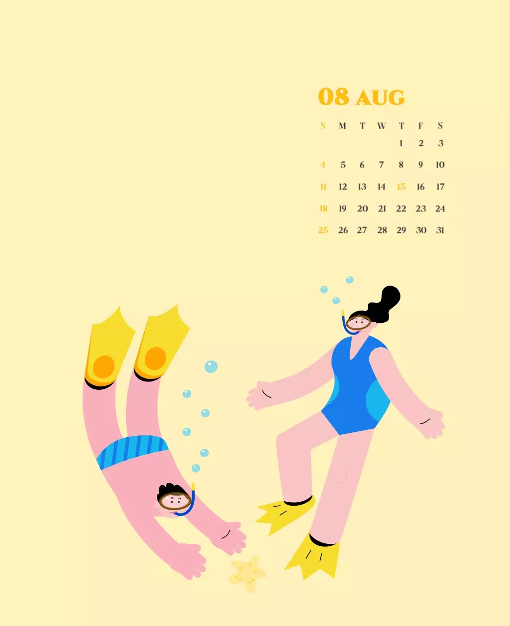 Kalender met jeugdillustraties op een gele en groene achtergrond