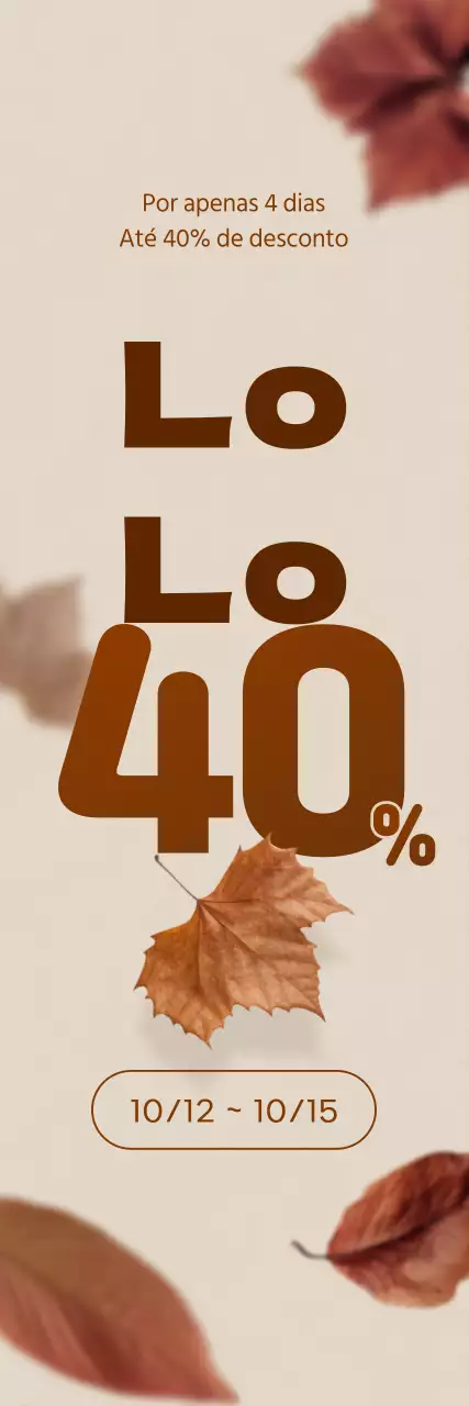 Promoção de outono que destaca um desconto com uma imagem de folhas esvoaçantes em tons de castanho
