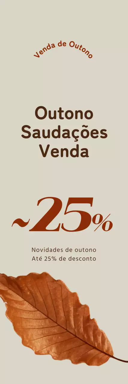 Promoção de outono que destaca um desconto limpo com uma imagem de folhas a cair numa cor de destaque castanha