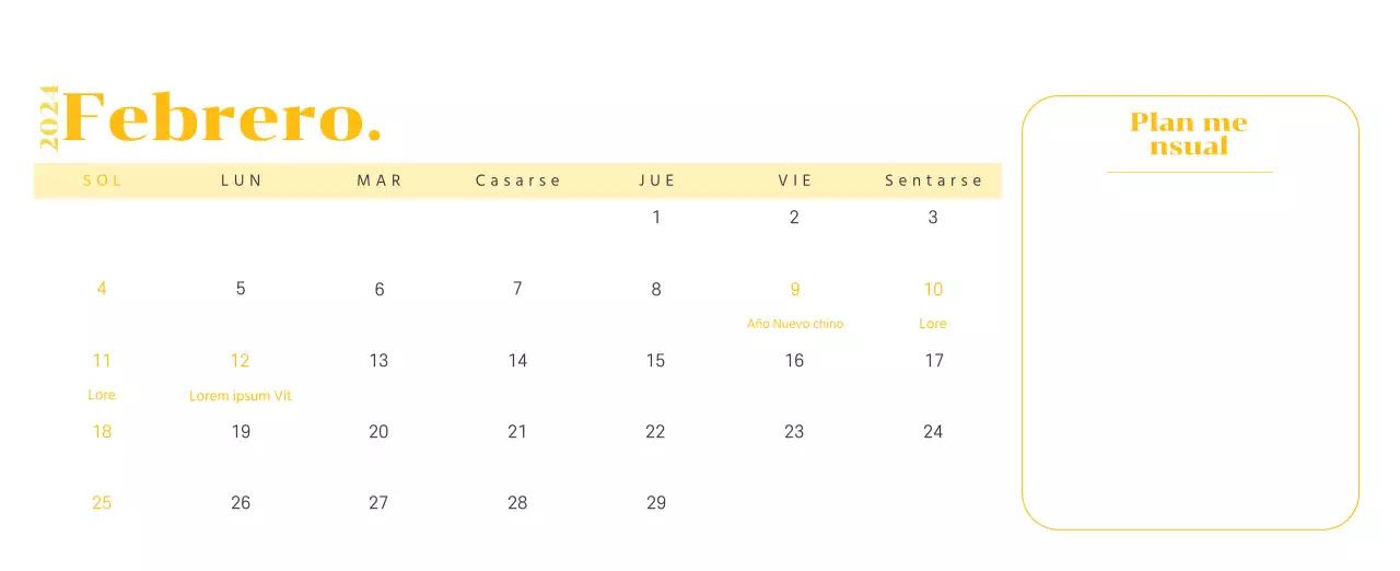 Calendario con ilustraciones juveniles sobre fondo amarillo y verde