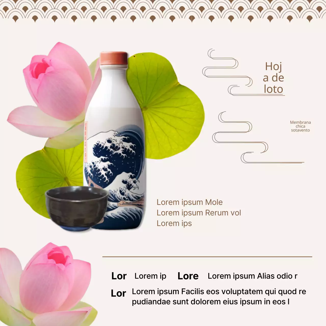 Promover el maridaje de comida oriental azul marino y amarillo con vino de arroz