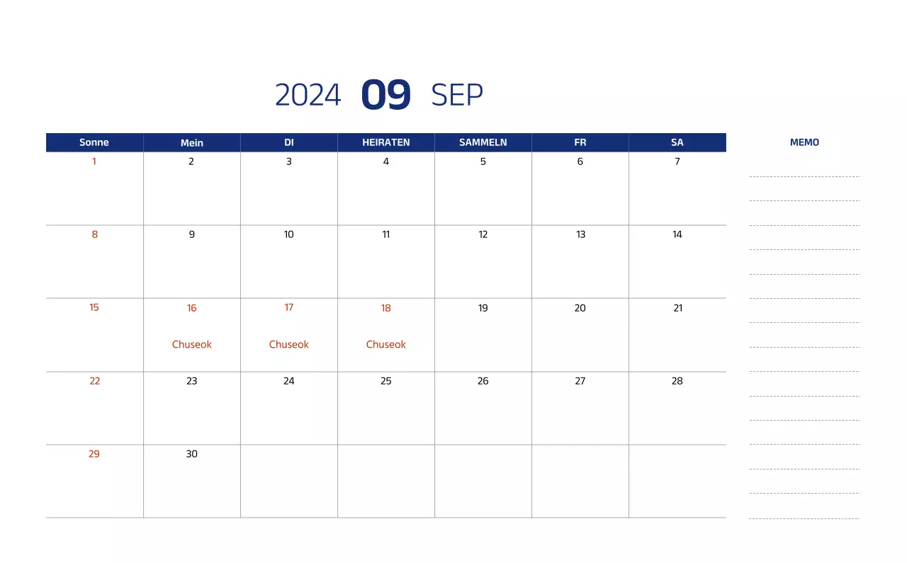 Einfacher Kalender mit klaren Illustrationen in Blau