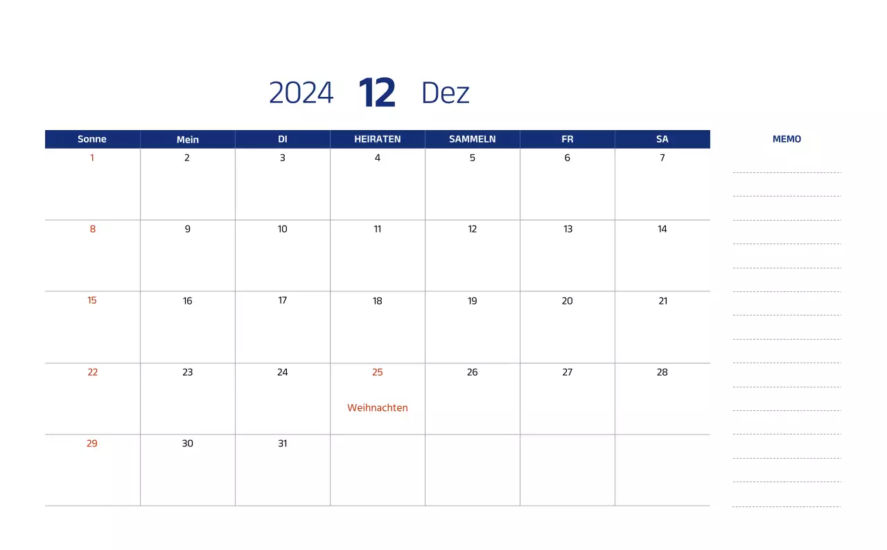 Einfacher Kalender mit klaren Illustrationen in Blau