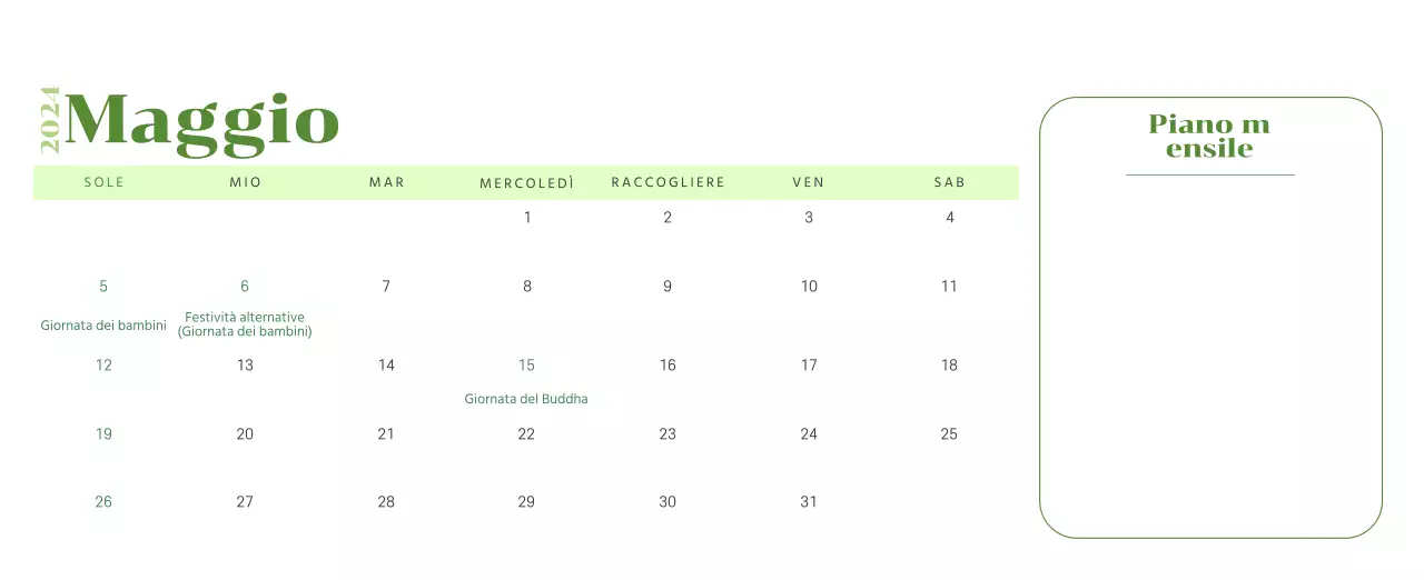 Calendario con illustrazioni giovanili su sfondo giallo e verde