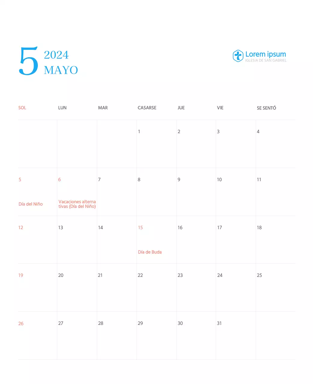 Calendario eclesiástico azul de concepto moderno