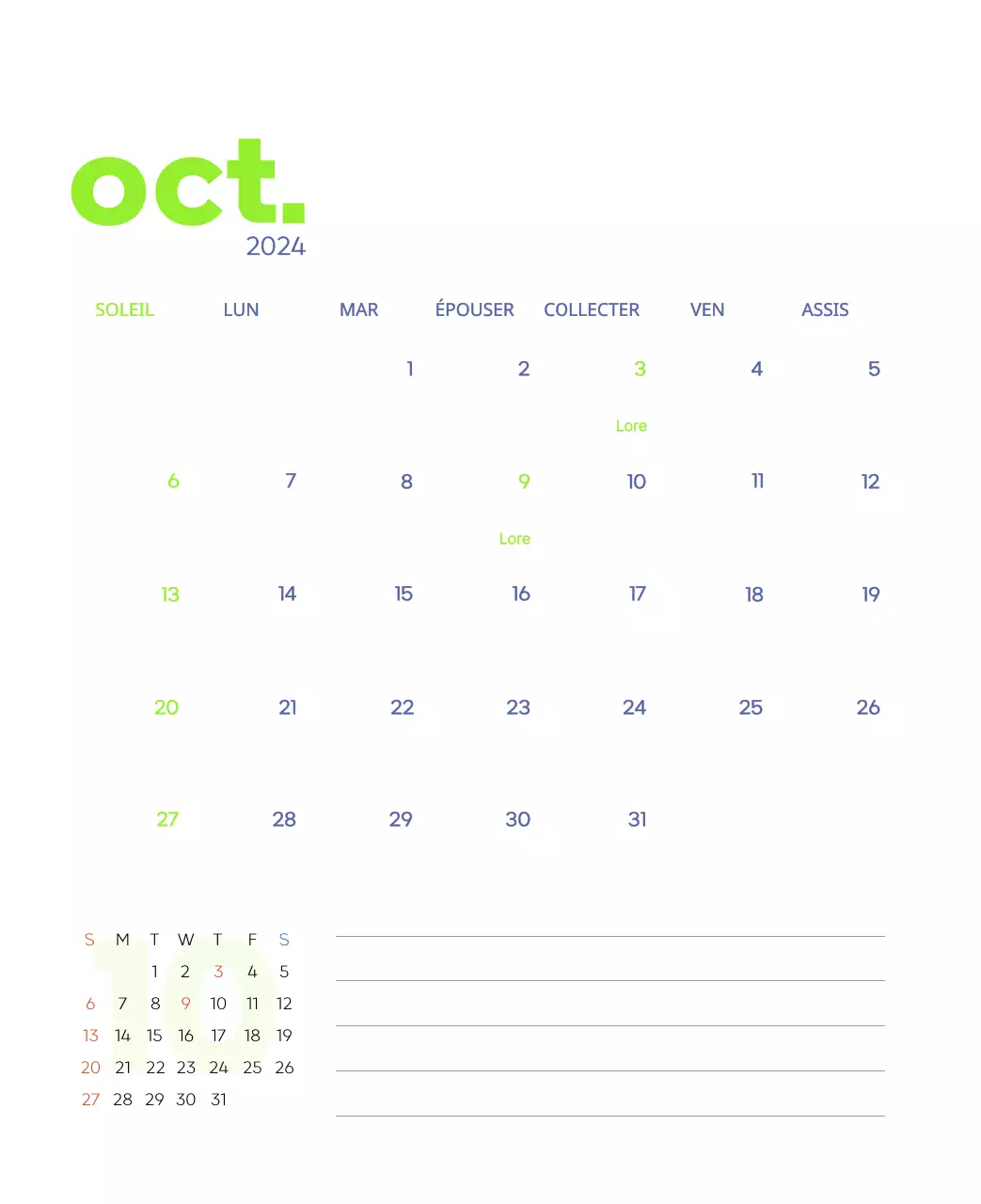 Calendrier de travail avec de belles illustrations