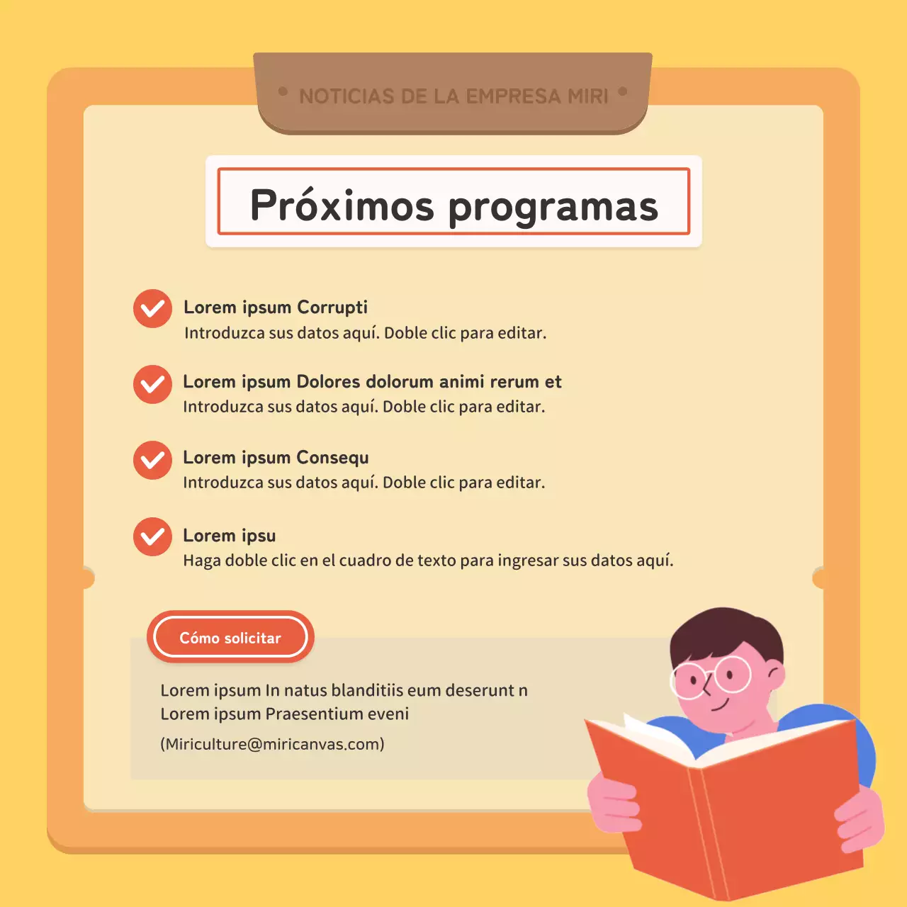 Un boletín corporativo kitsch en rojo y amarillo