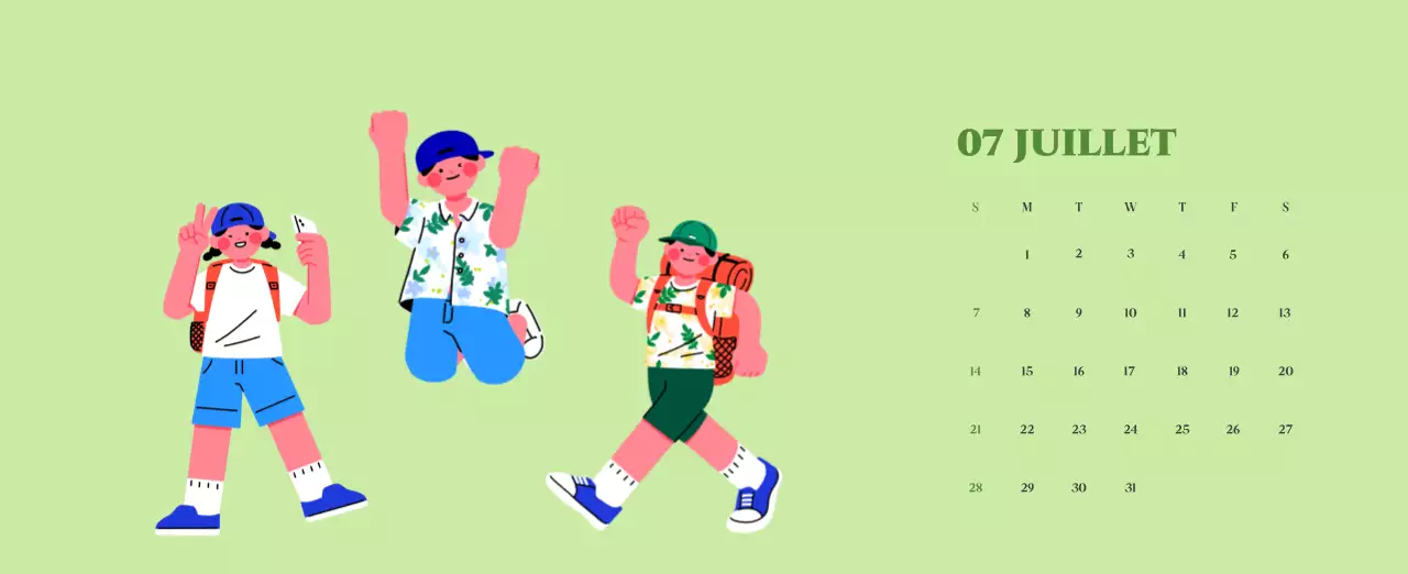 Calendrier avec illustrations de jeunes sur fond jaune et vert