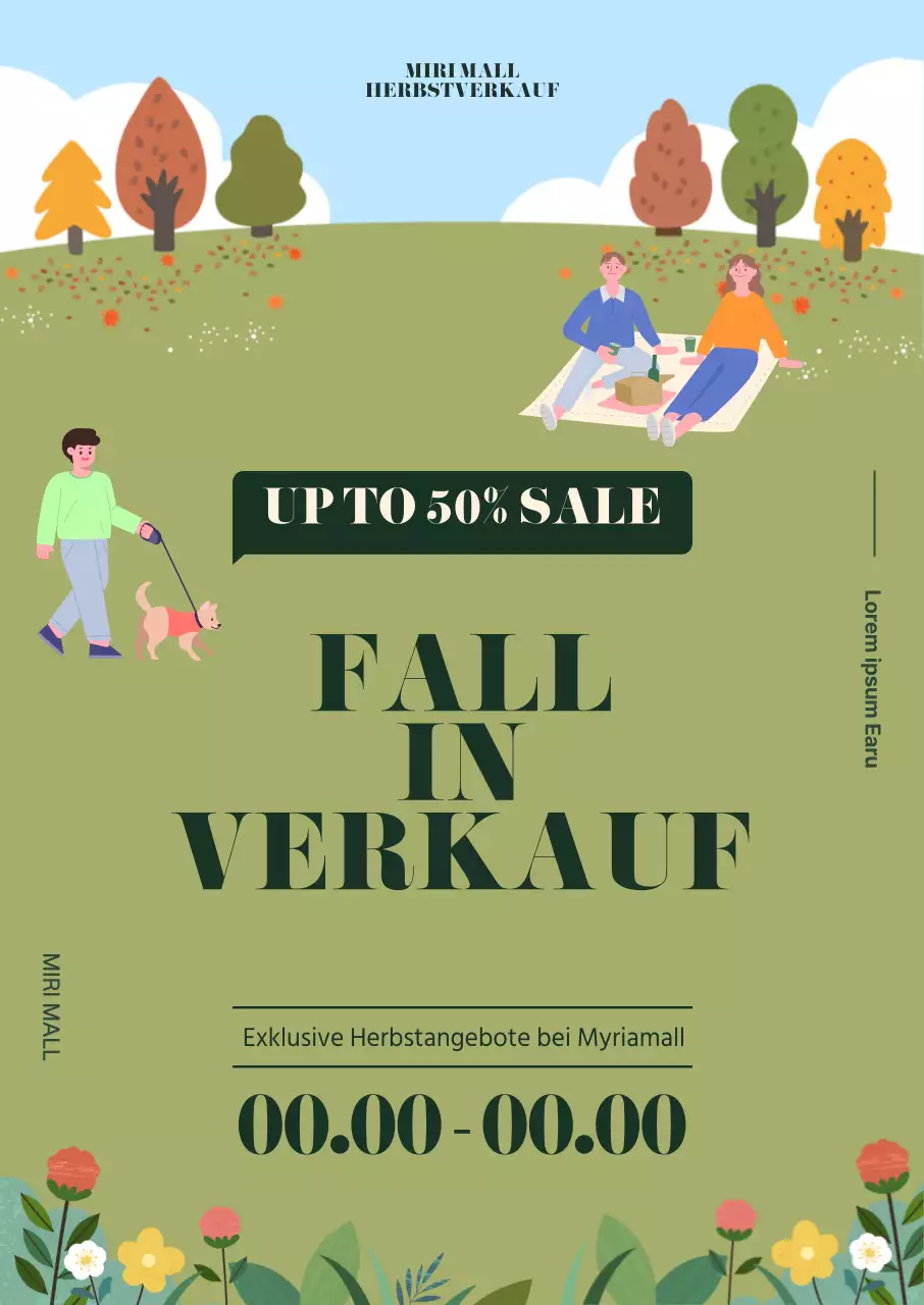 Herbstliche Einkaufsrabatte werden durch Illustrationen von Menschen unterstrichen, die in herbstlichen Blumenfeldern picknicken.