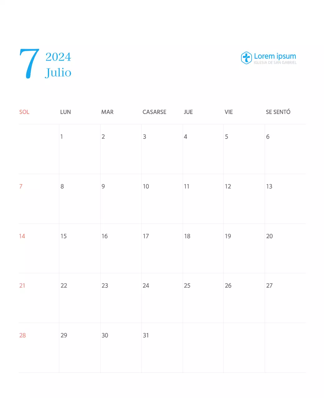 Calendario eclesiástico azul de concepto moderno