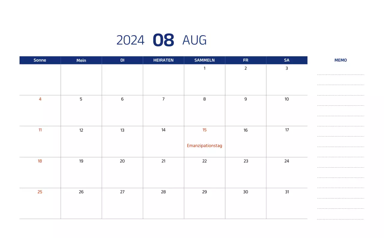 Einfacher Kalender mit klaren Illustrationen in Blau