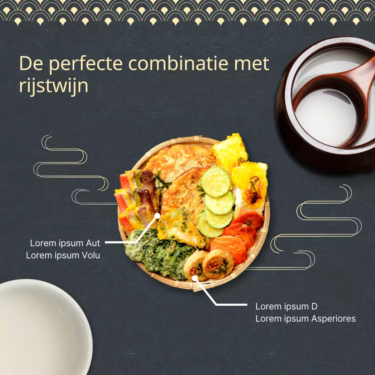 Bevorder het combineren van marineblauw en geel oosters eten met rijstwijn