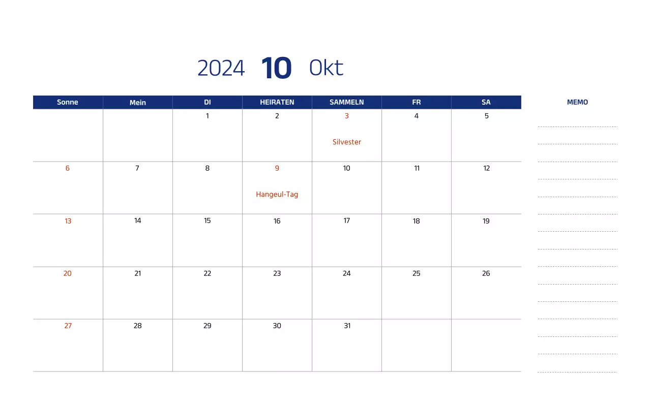 Einfacher Kalender mit klaren Illustrationen in Blau