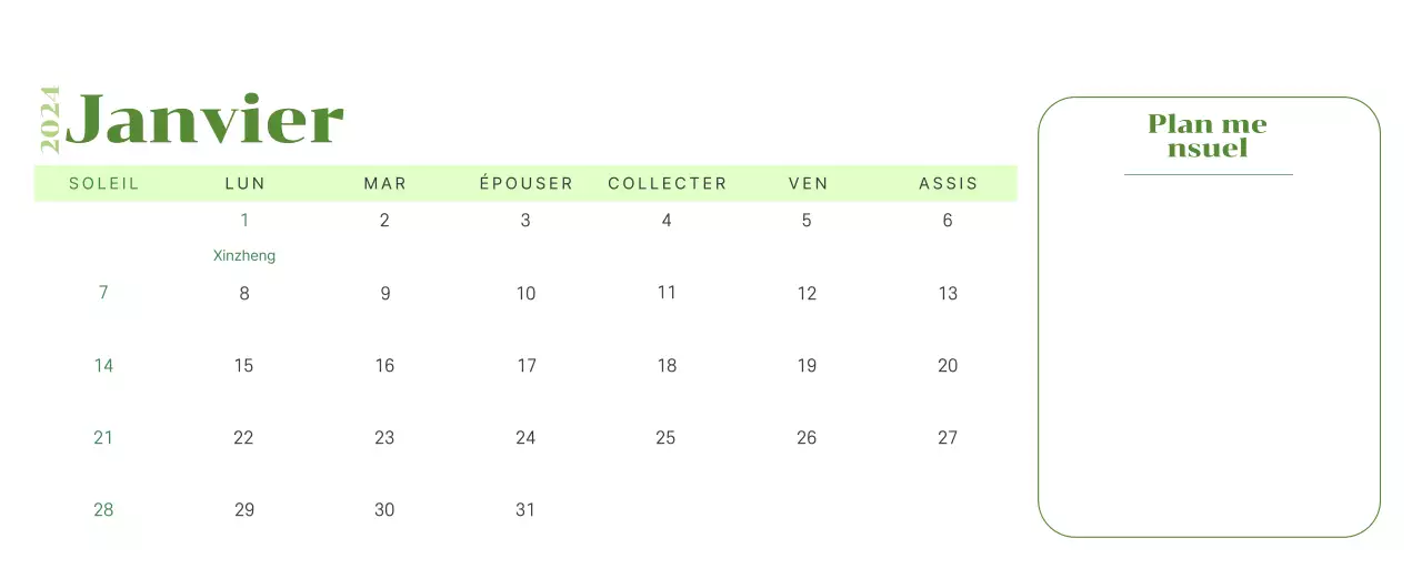 Calendrier avec illustrations de jeunes sur fond jaune et vert