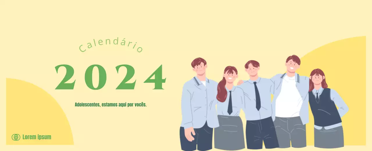 Calendário com ilustrações de jovens sobre um fundo amarelo e verde