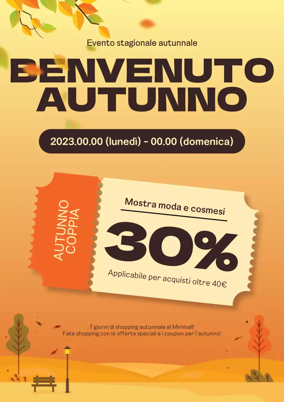 Sconti per lo shopping autunnale con illustrazioni emozionali di paesaggi autunnali al tramonto e icone di coupon.