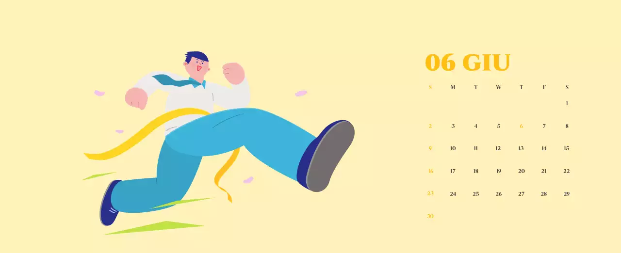 Calendario con illustrazioni giovanili su sfondo giallo e verde