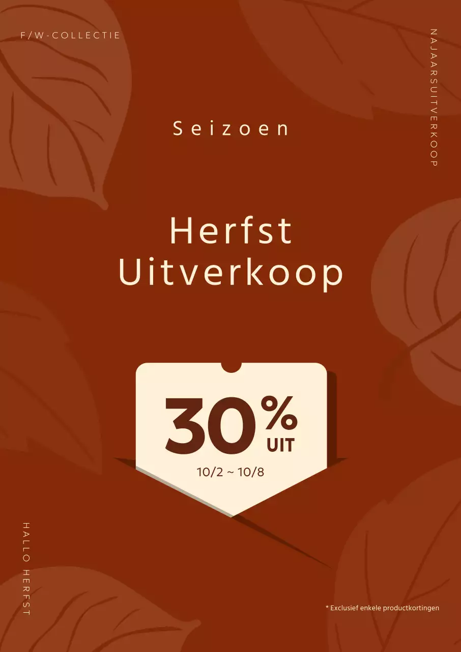 Herfstpromotie die een korting benadrukt met een grafisch bladpatroon op een bruine achtergrond
