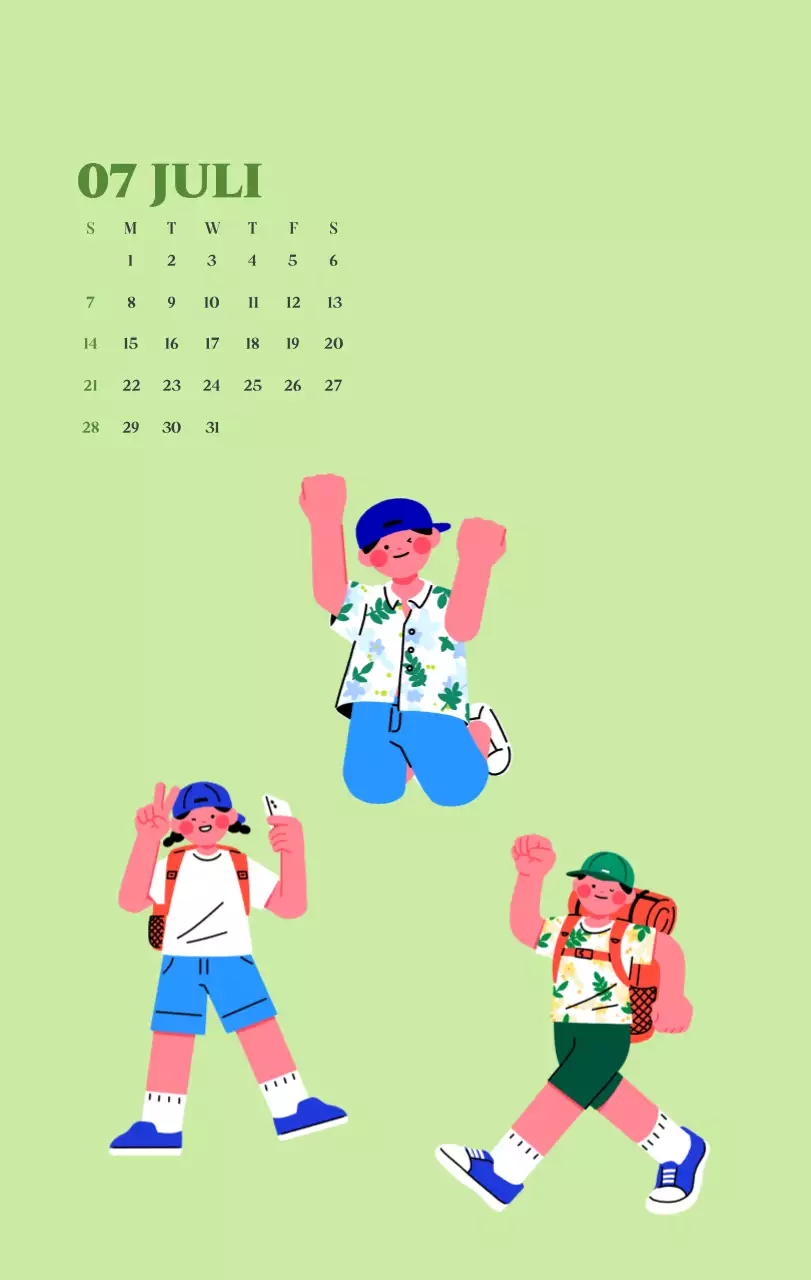 Kalender met jeugdillustraties op een gele en groene achtergrond