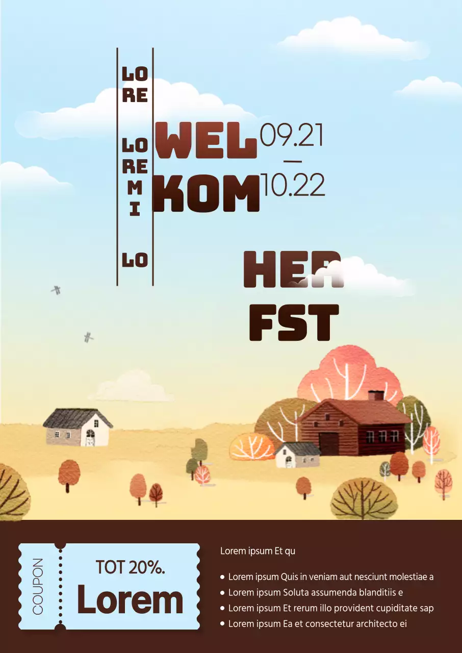 Een herfstverkoop met herfstachtige landschappen en lettertypes geaccentueerd met mooie, sentimentele aquarelillustraties.