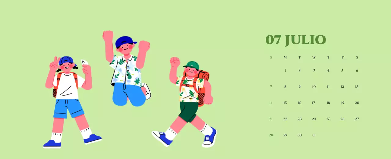 Calendario con ilustraciones juveniles sobre fondo amarillo y verde