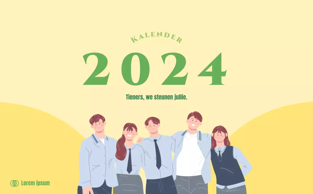 Kalender met jeugdillustraties op een gele en groene achtergrond