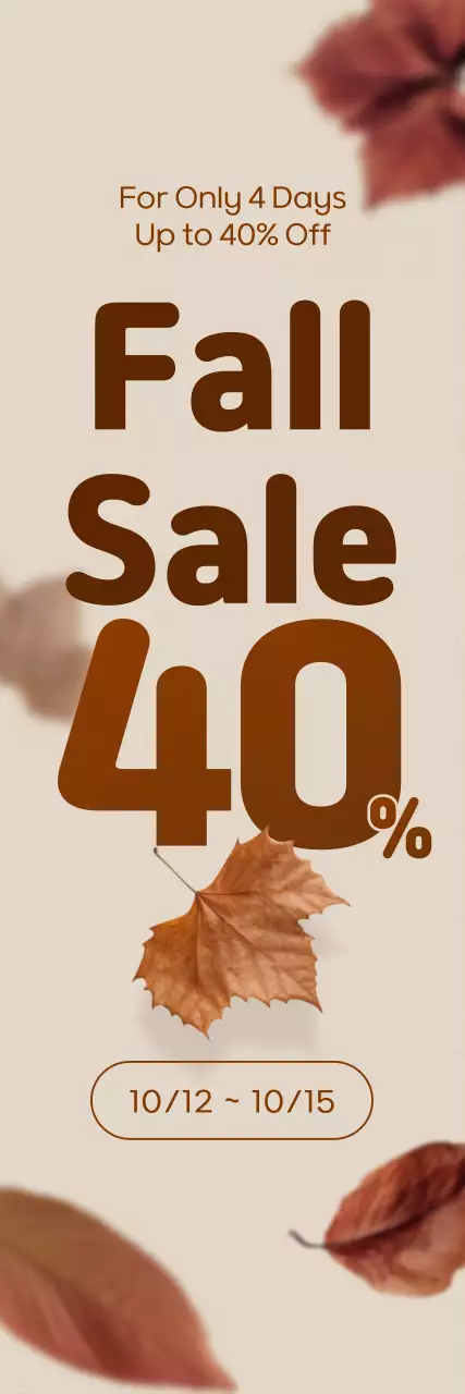 Fall promotion highlighting a discount with an image of flying leaves on a brown accent color