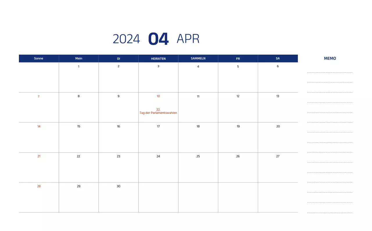 Einfacher Kalender mit klaren Illustrationen in Blau