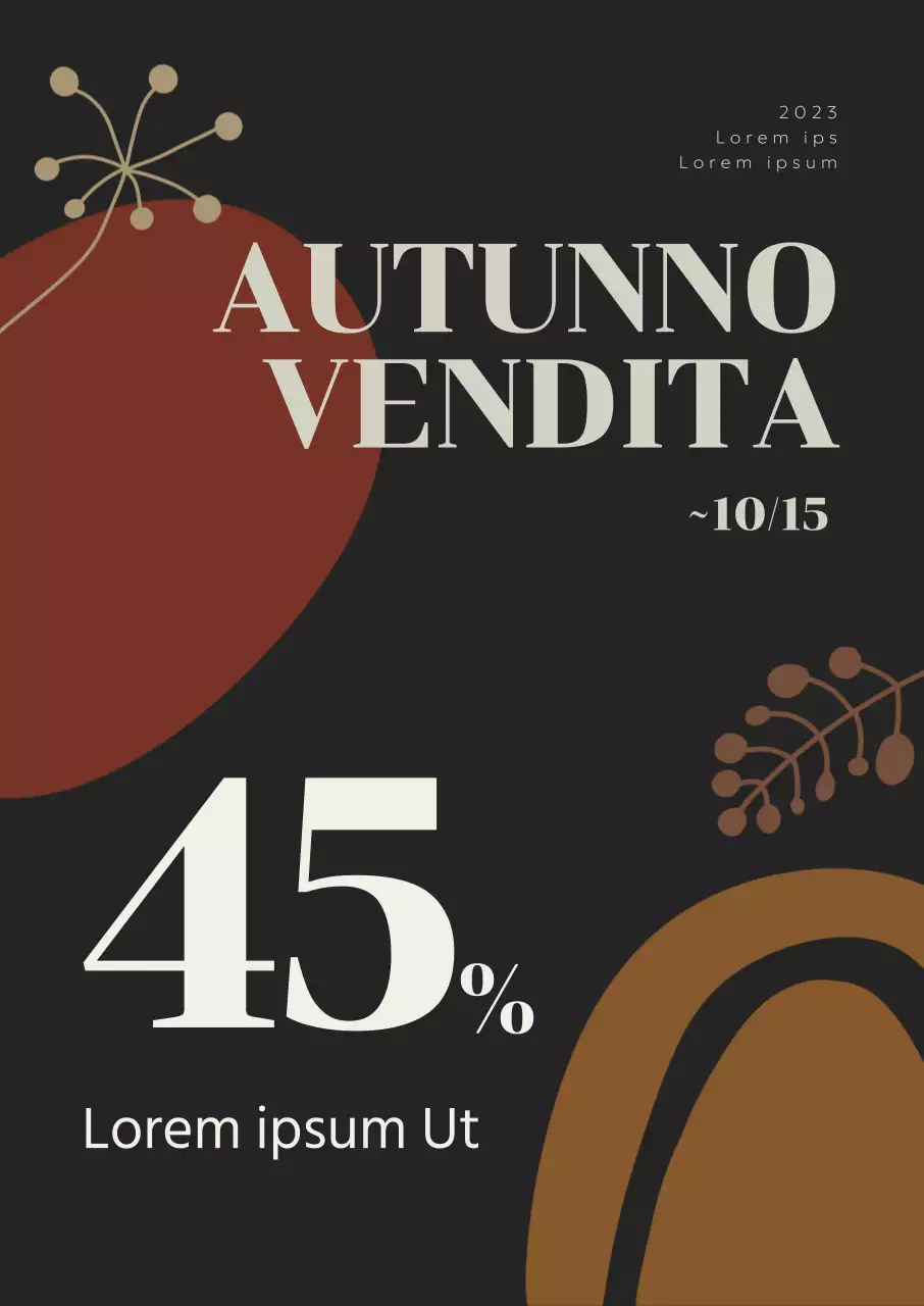 Promozione autunnale che evidenzia uno sconto con elementi grafici autunnali marroni su sfondo nero