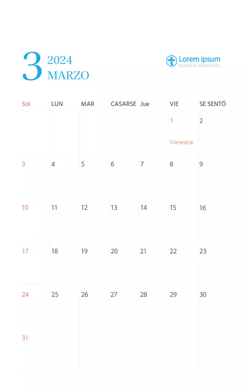 Calendario eclesiástico azul de concepto moderno