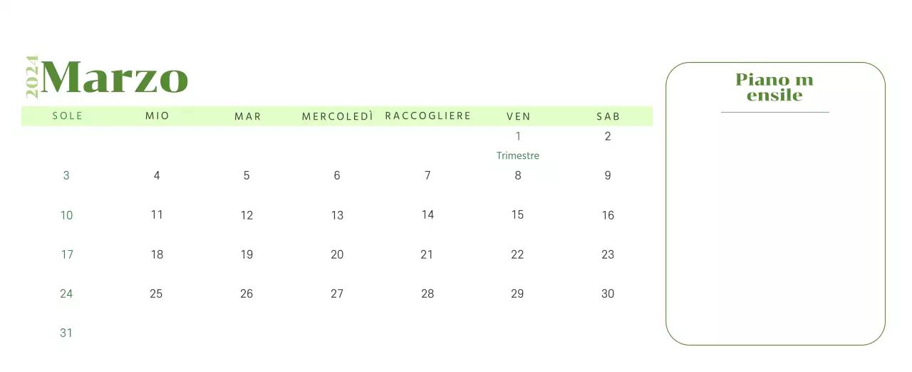 Calendario con illustrazioni giovanili su sfondo giallo e verde