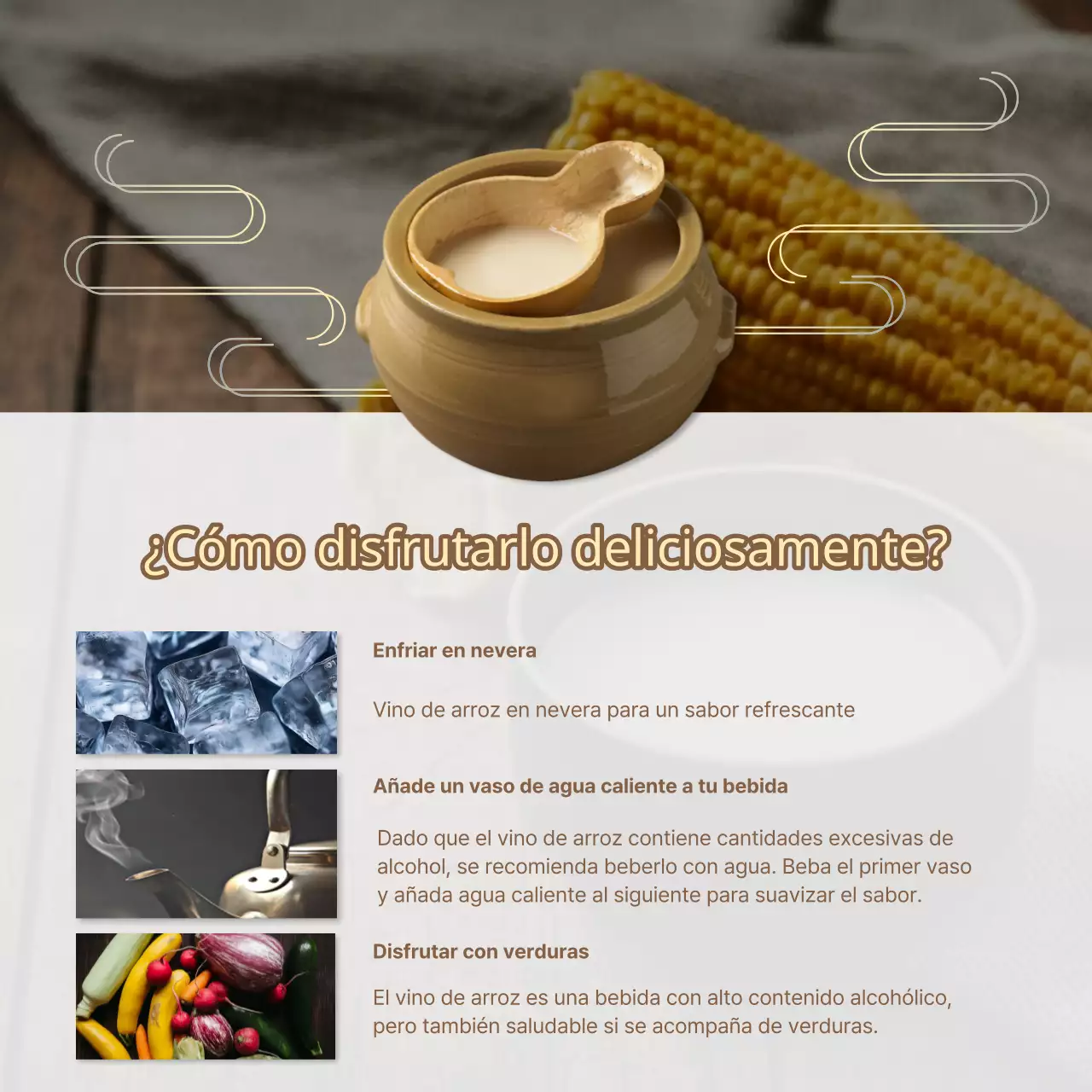 Promover el maridaje de comida oriental azul marino y amarillo con vino de arroz