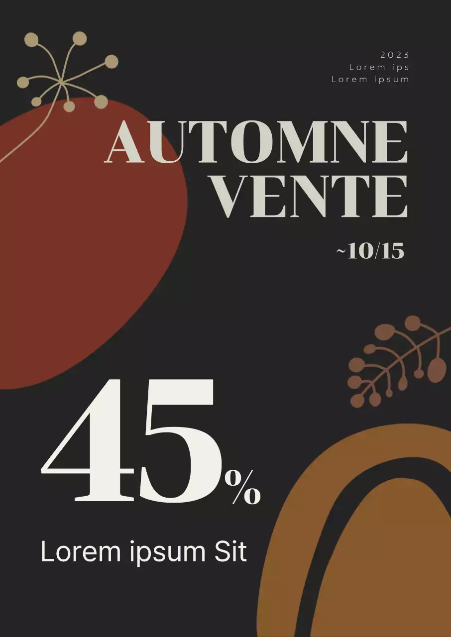 Promotion d'automne mettant en évidence une remise avec des éléments graphiques automnaux bruns sur fond noir.