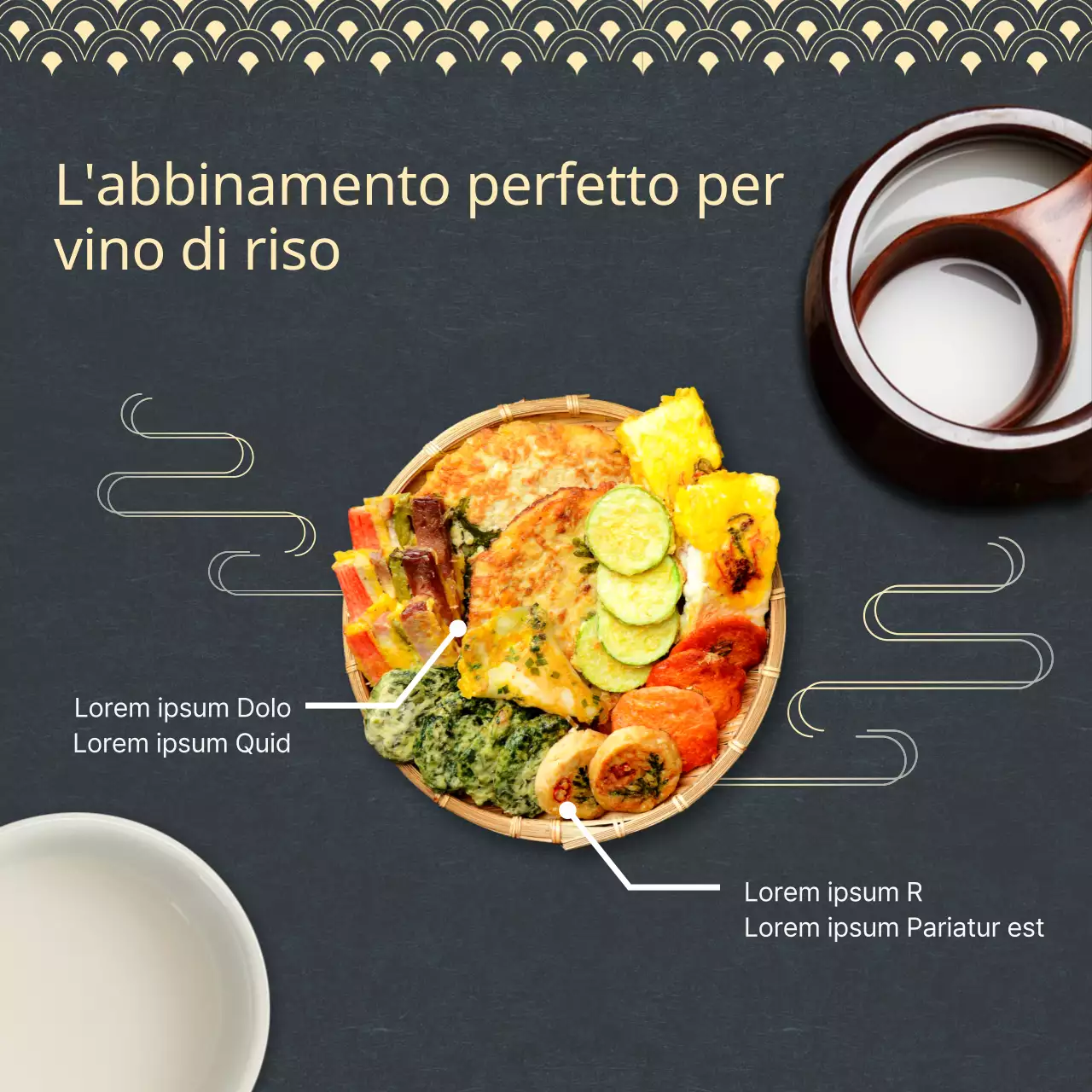 Promuovere l'abbinamento di cibi orientali blu navy e gialli con il vino di riso