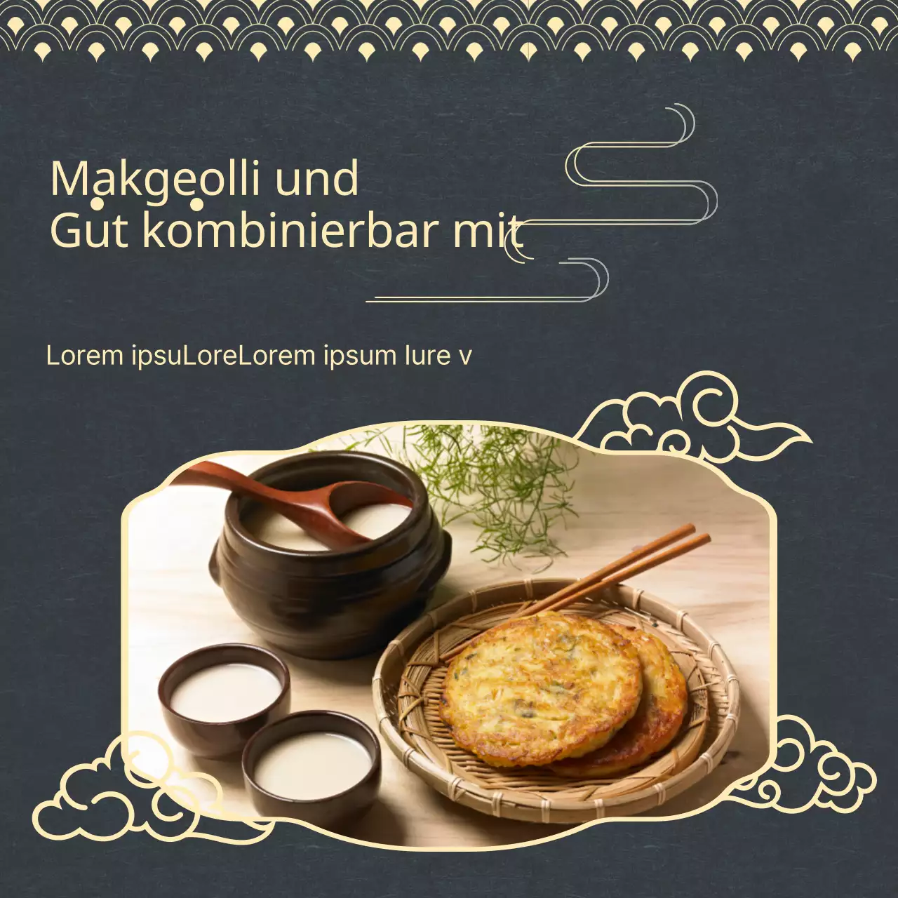 Fördern Sie die Kombination von marineblauen und gelben orientalischen Speisen mit Reiswein