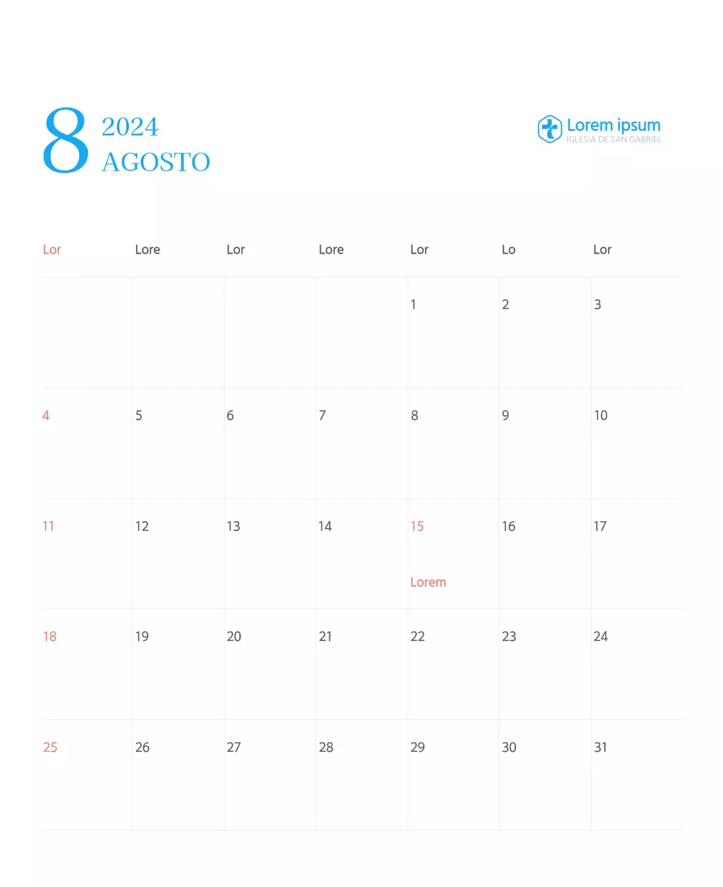 Calendario eclesiástico azul de concepto moderno